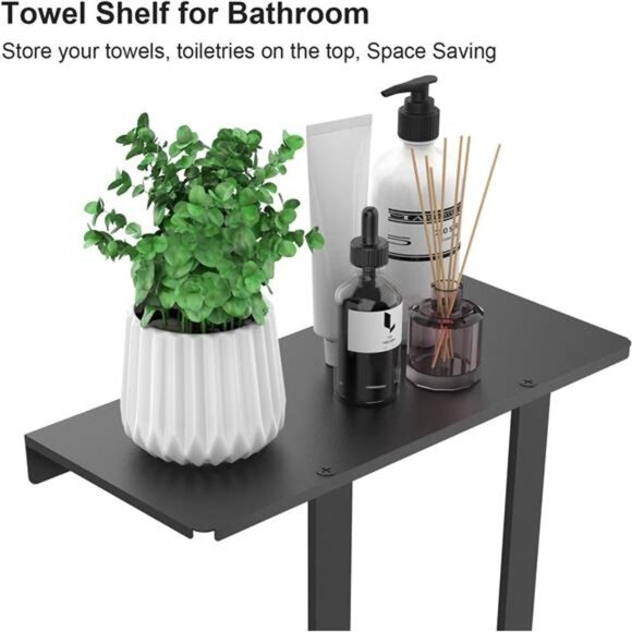 Towel Racks for Bathroom Wall, Metal Square Tube Towel Rack with Shelf & 3 Hooks - Picture 3 of 6